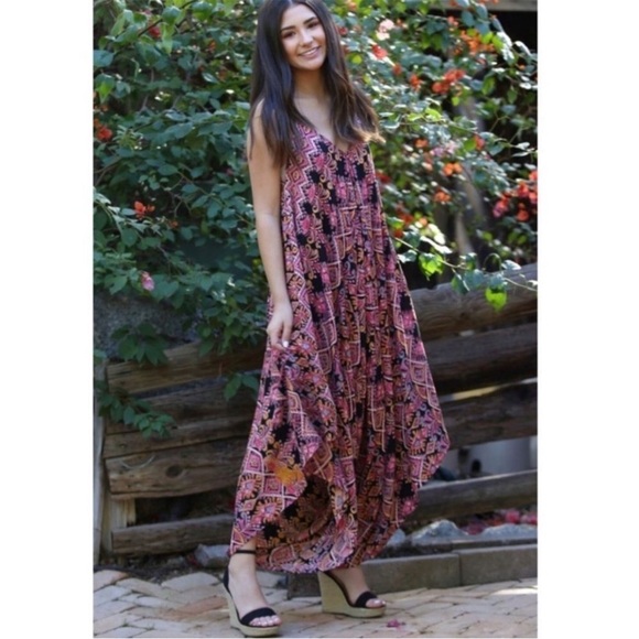Angie Boho Floral Print Harem Pant Loose Romper Jumpsuit Size Large Comfy Beach - Picture 1 of 15